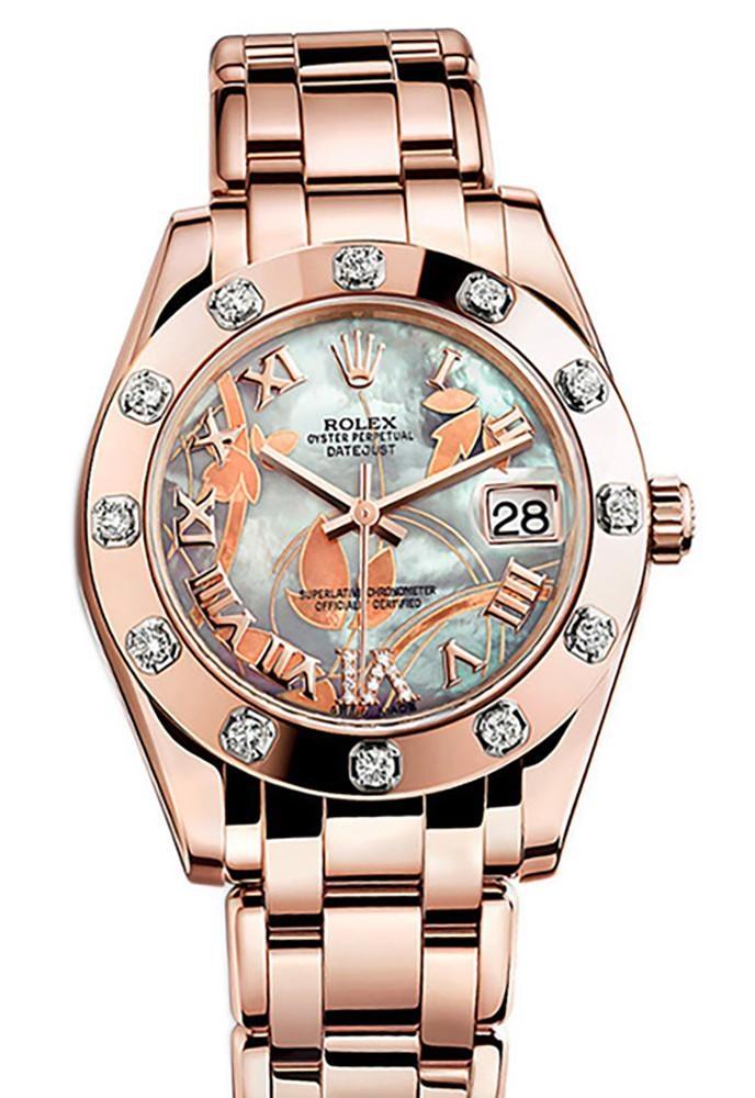 Rolex Pearlmaster 34 Goldust Dream Roman Diamonds Set On VI Dial Pearlmaster 18K Rose Gold Watch 81315